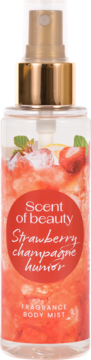 Mgiełka Scent of Beauty Strawberry Champagne, przezroczysta butelka ze złotym atomizerem, truskawkami w płynie.