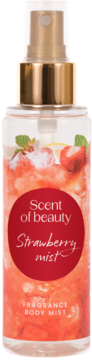 Scent of beauty Strawberry mist Fragrance Body Mist, przezroczysta butelka z czerwonym płynem, owocami i złotym atomizerem.