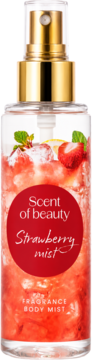 Scent of Beauty Strawberry Mist, mgiełka do ciała w butelce z truskawkami i miętą, złoty atomizer, widok z przodu.