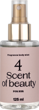 Scent of Beauty No4 mgiełka do ciała 125ml, w szklanej butelce z złotym atomizerem, różowa etykieta, widok z przodu.
