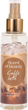 Scent of Beauty Caffè latte Fragrance Body Mist w przezroczystej butelce z złotą pompką i brązową etykietą, widok z przodu.