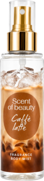 Scent of Beauty Caffè Latte fragrance body mist. Przezroczysta butelka z płynem jak kawa latte, złoty rozpylacz.