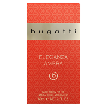 Pudełko Bugatti Eleganza Ambra Eau de Parfum 60ml, czerwono-złote, z geometrycznym wzorem na przodzie.