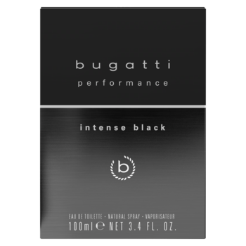 Męska woda toaletowa Bugatti Performance Intense Black 100ml w czarnym opakowaniu, z logo 'b', przód.
