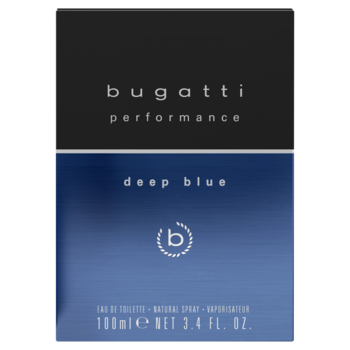 Pudełko męskiej wody toaletowej Bugatti Deep Blue, front, czarno-granatowe, białe napisy i logo 'b'.