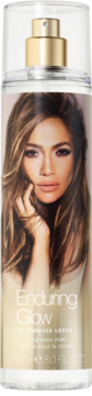Jennifer Lopez Enduring Glow fragrance mist w przezroczystej butelce ze złotym korkiem, z portretem J. Lo.