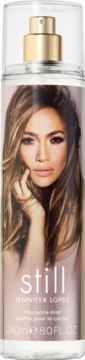 Still Jennifer Lopez mgiełka do ciała 240ml, przezroczysta butelka z portretem J.Lo i złotym atomizerem.