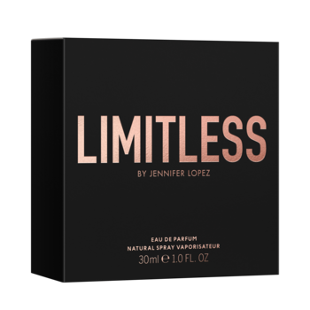 Perfumy Jennifer Lopez Limitless 30ml w czarnym pudełku z metalicznym napisem rose gold, widok z przodu.