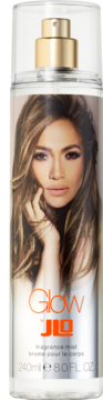 Mgiełka Jennifer Lopez Glow, przezroczysta butelka z portretem J.Lo i złotym atomizerem, widok z przodu.