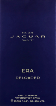 Granatowe pudełko Jaguar Era Reloaded Eau De Parfum 100ml, z białym napisem na froncie, widok z przodu.