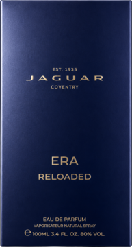 Eleganckie, granatowe pudełko perfum męskich Jaguar Era Reloaded EDP 100ml ze złotymi napisami, widok z przodu.