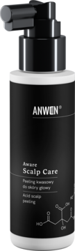 Anwen Aware Scalp Care, czarny peeling kwasowy w butelce z czarną pompką, widok z przodu.