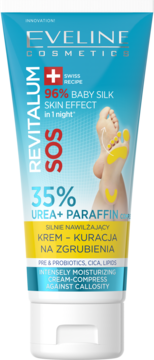 Eveline Cosmetics Revitalum SOS, jasnoniebieski krem do stóp z 35% mocznika i parafiny, na zgrubienia. Widok z przodu.