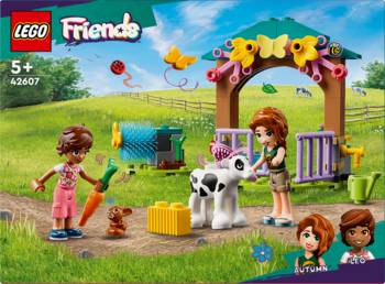 Opakowanie Lego Friends Szopa Cielątka Autumn: kolorowa farma z dziewczynkami, cielakiem i budą w zielonym krajobrazie.
