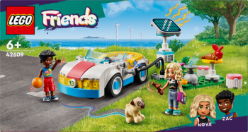 LEGO Friends 42609: zestaw z białym autem elektrycznym i solarną stacją ładowania dla dzieci 6+, z 2 figurkami i psem.