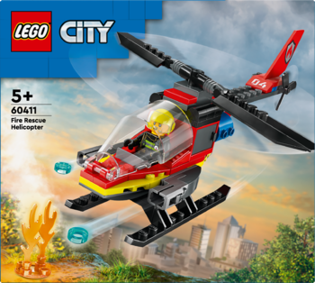 Lego City 60411: strażacki helikopter ratunkowy z pilotem, strzela wodą, tło miasto i zieleń.