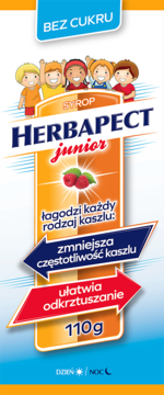 HERBAPECT junior syrop bez cukru, opakowanie łagodzące kaszel, z dziecięcymi postaciami i malinami.