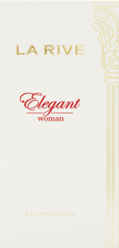 Białe opakowanie perfum La Rive Elegant Woman Eau de Parfum. Złote logo, czerwony napis "Elegant", klasyczna kolumna.
