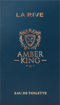 Męskie perfumy La Rive Amber King EDT, ciemnoniebieskie opakowanie ze złotym logo, widok z przodu.