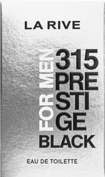 Srebrne, metaliczne opakowanie La Rive 315 Prestige Black, woda toaletowa dla mężczyzn, z czarnym napisem, widok z przodu.