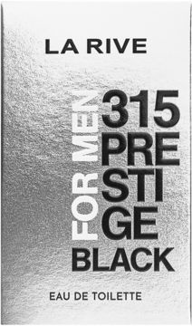 La Rive 315 Prestige Black, srebrne, metaliczne opakowanie wody toaletowej dla mężczyzn, widok z przodu.