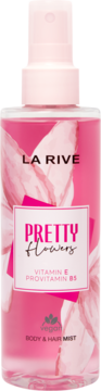 La Rive Pretty Flowers, różowa mgiełka do ciała i włosów z wit. E i B5, butelka z różowym atomizerem, widok z przodu.
