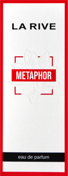 La Rive Metaphor eau de parfum w białym opakowaniu z czerwonymi detalami i czarnym pasem, widok z przodu.