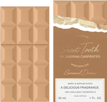 Perfumy Sweet Tooth Caramel Dream. Widok na brązowy flakon w kształcie czekolady i front opakowania z etykietą.