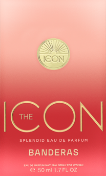 Frontowe ujęcie różowo-czerwonego pudełka Banderas The Icon Splendid EDP dla kobiet 50ml z złotym napisem.