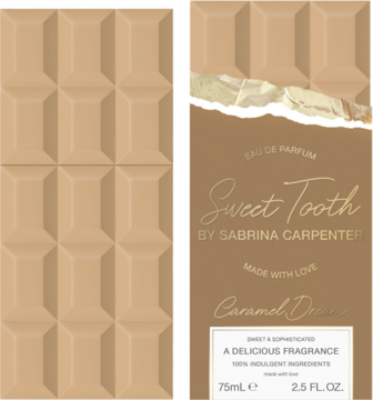 Perfumy Sweet Tooth Caramel Dream Sabriny Carpenter w brązowym opakowaniu imitującym tabliczkę czekolady, 75ml, widok z przodu i z boku.
