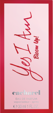 Różowe pudełko perfum Cacharel Yes I Am Bloom Up! 30 ml, z czerwonymi napisami, widok frontalny.