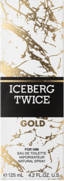 Iceberg Twice Gold męska woda toaletowa, białe pudełko ze złotym marmurowym wzorem i czarnym pasem.
