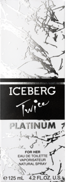 Iceberg Twice Platinum EDT dla kobiet, białe pudełko ze srebrnym marmurem i czarnym pasem, widok z przodu.