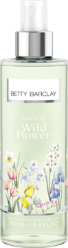 Betty Barclay Wild Flower mgiełka zapachowa 250ml, jasnozielona butelka z motywem polnych kwiatów, widok z przodu.