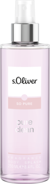 s.Oliver So Pure mgiełka do ciała, jasnoróżowa butelka, srebrny dozownik, widok z przodu.