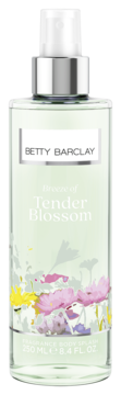 Mgiełka do ciała Betty Barclay Tender Blossom w jasnozielonej butelce 250ml z kwiatowym wzorem, widok z przodu.