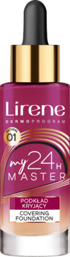 Lirene My Master 24H podkład kryjący nr 01, butelka z zakraplaczem, góra magenta, dół beż, widok z przodu.