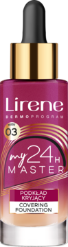 Lirene My 24H Master podkład kryjący 03 nude w szklanej butelce z dropperem, różowo-złoty gradient, front.