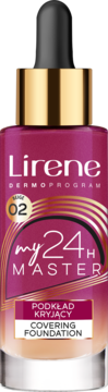 Kryjący podkład Lirene My 24h Master 02 beige. Szklana butelka z różowo-beżowym gradientem i złotym dropperem.
