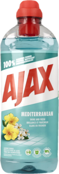 Ajax Mediterranean uniwersalny płyn w przezroczystej butelce z czerwoną nakrętką i kwiatami na etykiecie.
