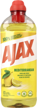 Płyn uniwersalny Ajax Mediterranean, żółta butelka z czerwoną nakrętką, z etykietą z cytrynami, widok z przodu.