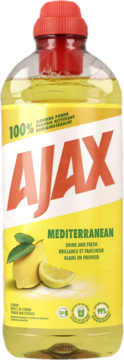 Płyn uniwersalny Ajax Mediterranean, żółta butelka z czerwoną nakrętką, z etykietą z cytrynami, widok z przodu.