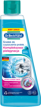 Dr. Beckmann środek do czyszczenia pralek, nowy zapach Ocean Breeze, niebieska butelka, widok z przodu.