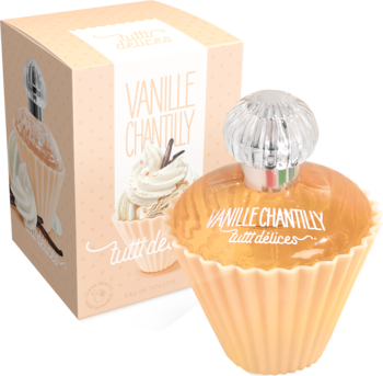 Woda toaletowa Tutti Delices Vanille Chantilly edt: butelka w kształcie waniliowej babeczki i pudełko.