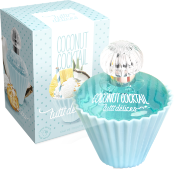 Tutti Délices Coconut Cocktail woda toaletowa, błękitna butelka w kształcie babeczki z pudełkiem, widok pod kątem.