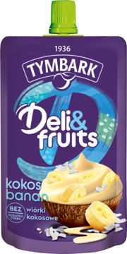 Fioletowa saszetka Tymbark Deli&Fruits kokos-banan, z ilustracją kremu i owoców, bez cukru, widok z przodu.