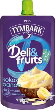 Fioletowa saszetka Tymbark Deli&Fruits kokos-banan, z ilustracją kremu i owoców, bez cukru, widok z przodu.