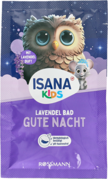 Fioletowy sachet Isana Kids "Lavendel Bad Gute Nacht" z sową i myszką. Płyn do kąpieli o zapachu lawendy.