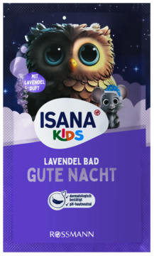 Fioletowy płyn do kąpieli Isana Kids Lawendowa Noc w saszetce, z uroczą sową i myszką, widok z przodu.