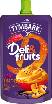 Fioletowa tubka musu Tymbark Deli&fruits mango-kokos z chia, z zieloną nakrętką. Widok z przodu, z kawałkami mango.